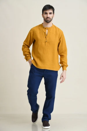 LINEN HALF-PLACKET PULL-ON SHIRT-BAND COLLAR WITH BUTTON-TAB