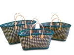 Set of 3 Handmade Ravoul Fiber Tote Bags - Natural Two-Tone Woven Baskets with Leather Handles - Bulk Supply - KAJY