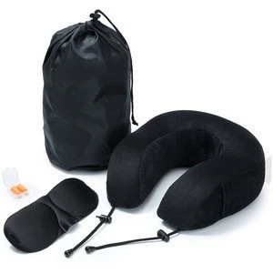 100% Pure Memory Foam Neck Pillow Airplane Travel Kit With Ultra Plush Velour Cover, Sleep Mask and Earplugs