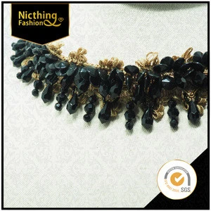 2015 China wholesale 5cm wide gunmetal beads trimming, decorative black beade trim, Fancy Lace Trim for garment NBT-048