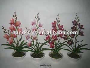 2016 Newest Small Two Stems Artificial Fake Cymbidium Orchid With White Plate Pot MH-043