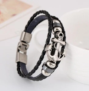 2018 Fashionable Accessories Wrap PU Leather Braided Wristband Alloy Interlocks Clasp Genuine Leather Anchor Bracelet
