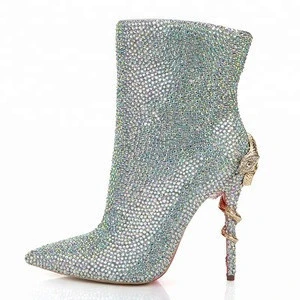 2018 Winter High Heel Ladies Snake Heel Diamond Pointed Toe Ankle Boots