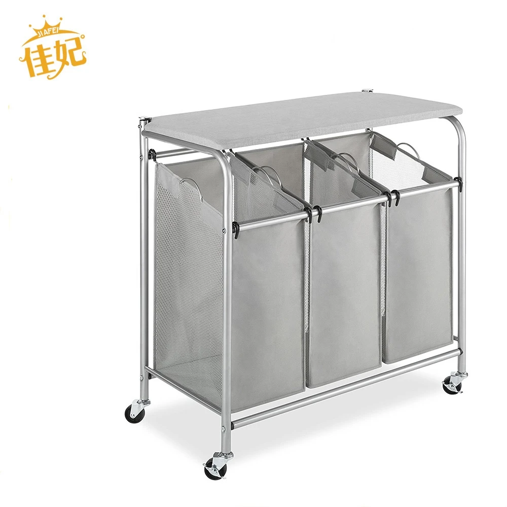2020 Best selling 3 Bag Rolling Laundry Cart with ironing board folding laundry basket with wheels