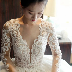 2020 long sleeve real photos backless pearl button luxury beaded lace V neck sexy wedding dress