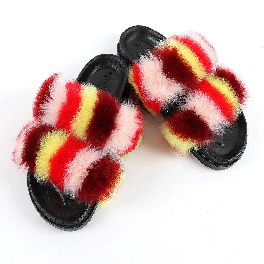 2020 Multicolorful Furry Slide Sandals With Two Straps Slippers Platform Plush Thick Sole Summer Flat Womans Fuzzy Slippers