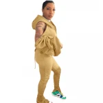 2020 New Arrivals Fashion Women Casual Hooded Backless Flared Sleeve Jacket Stacked Leggings 2 Pieces Set Outfits Tracksuit