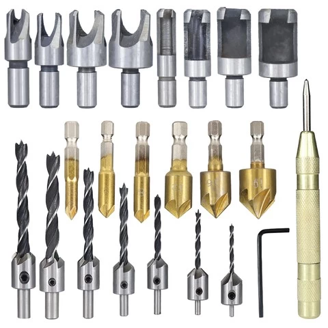 23pcs Woodworking Chamfer Drilling Tool Three Pointed Countersink Drill Bits Set Wood Plug Cutter Automatic Center Punch
