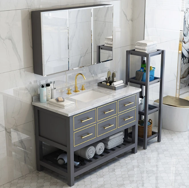 27"single bathroom vanity light gray with gold lines and marble countertop,bathmirror with bathroom cabinet from factory