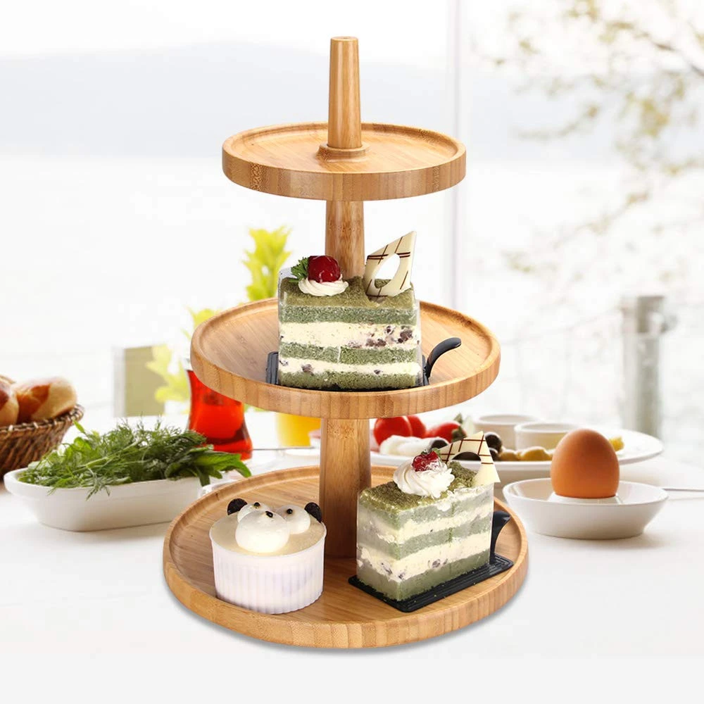 3 Tier Cake Stand Bamboo Serving Tray Fruit Platter Elegant Wedding Cupcake Holder Wooden Cheese Dish Salad Plates