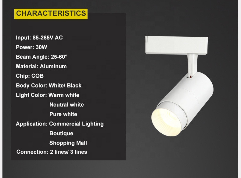 30w LED Track Light Black/White COB Led Rail Lamp Zoom Beam Angle Adjustable Spotlight