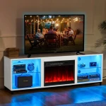 68 Inch Modern LED Fireplace TV Stand with Adjustable Glass Shelves for TV up to 78