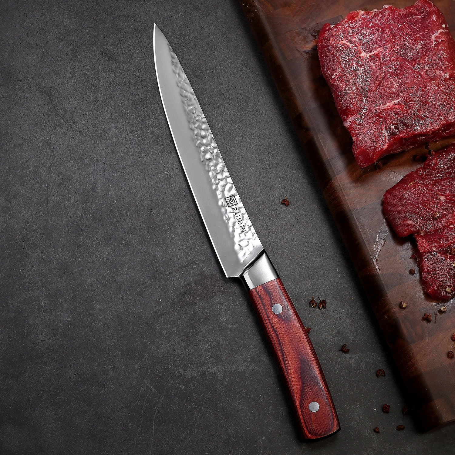 8-inch Hammered Design Wooden Handle Carving Meat Slicing Knife