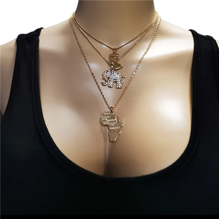 Amazon Hot Sale Chain Elephant Simple Alloy Head Map Women 3 Layered Choker Layer Necklace