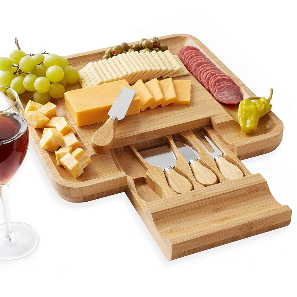 Amazon top seller 100% pure bamboo cheese board with tray knives kitchenware