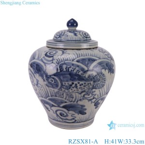 Antique Blue and White Porcelain Sea Grass Fish Twisted Flower Pattern Flat Belly Shape Ceramic Pot Jars
