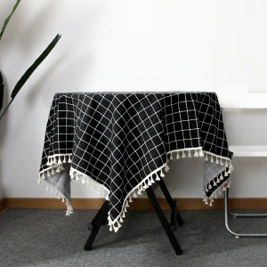 Black cotton and linen printed lattice decorative table cloth set with tassel or lace