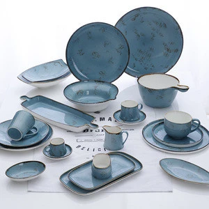 Blue Restaurant Porcelain Rustic Dinnerware Sets, Special Horeca Tableware Catering Porcelain Dinner Sets Ceramic Plates