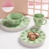 Ceramic 4 Piece Breakfast Plate Set with Mug Stoneware Nordic Matte White Green Porcelain Dinnerware Set