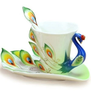 China Porcelain Peacock Tea Cup and Saucer Coffee Cup