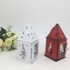 Christmas decorative red metal hanging candle holder house shape hurricane lantern with tree and moon