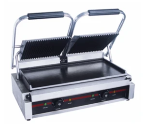Commercial Double Head Top Grooved and Bottom Flat Panini Grill Breakfast Sandwich Maker