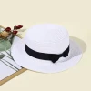 Custom High Quality Panama Flat Top Sun Protection Bucket Woven Beach Straw Hat with Ribbon