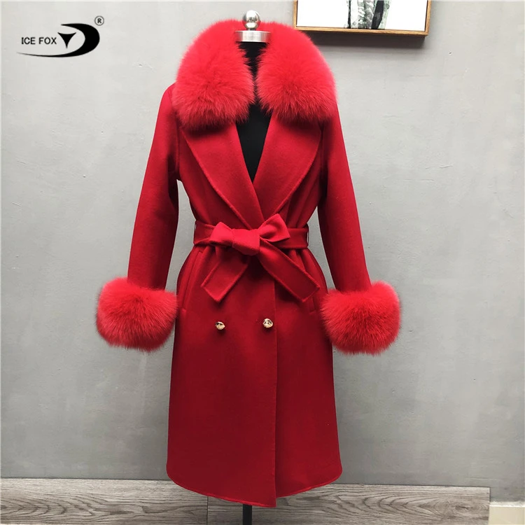 Custom label low moq wholesale fur and wool coat red pink blue white fox fur fashion wool coats fitted