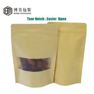 Customized printed aluminum foil ziplock brown kraft paper smell proof  nuts packaging bags with window