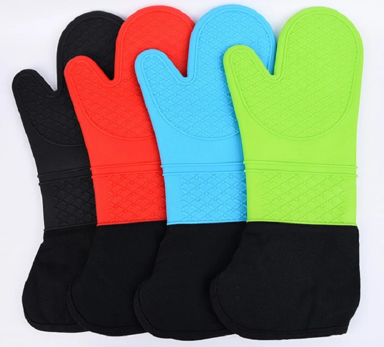 Extra Large BBQ Grill Gloves Multi Function Pot Holder Kitchen Cotton Liner Cooking Mitts Heat Resistant Silicone Mittens