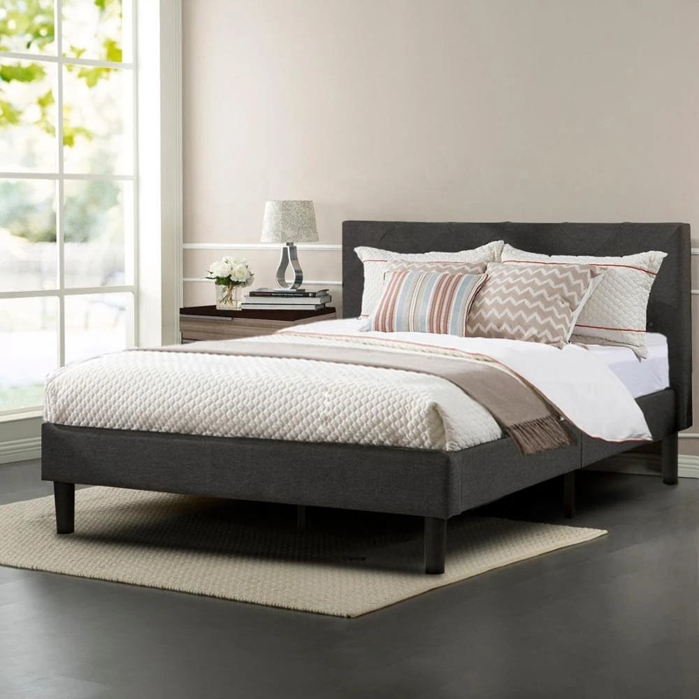 Factory Grey Linen Fabric King Queen Double Size Upholstered Platform Bed