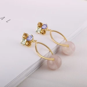 Fashion Design Metal Tear Drop Shape Gemstone Pendant  round square tear drop Glass Colorful Women Girl Jewelry Earring