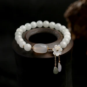 Fashion flower water drop tassel bangle natural stone beads bracelet handmade adjustable jade emerald beads bracelets for women
