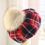 fashion women ladies hats soft color beret cap with raccoon fur pom top
