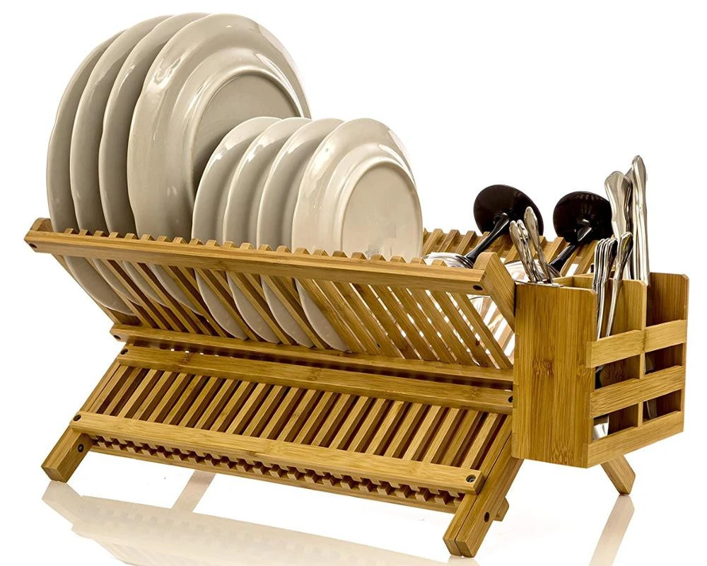 Folding Bamboo Drainer Dish Rack With Utensil Flatware Holder