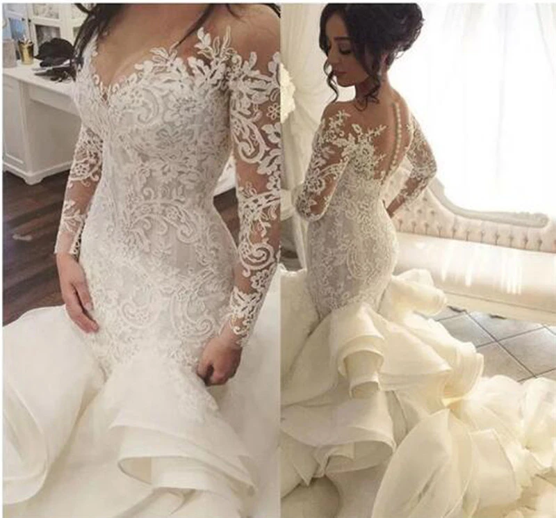 Gorgeous Scalloped Neck Long Sleeve Wedding Dresses Organza Mermaid Bridal Gown