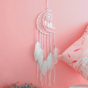 Handmade Feather Dream Catcher Braided Half Moon Shape Wind Chimes Art For Home Decoration