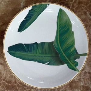 hengfei ceramic,Wholesale Round Dinner Plate with Green Leaf Pattern, Ceramic Round Custom Plate