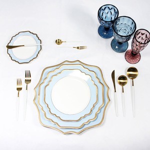 High Quality Golden Bone china Dinner Set Plates Round Gold Rim Dinnerware