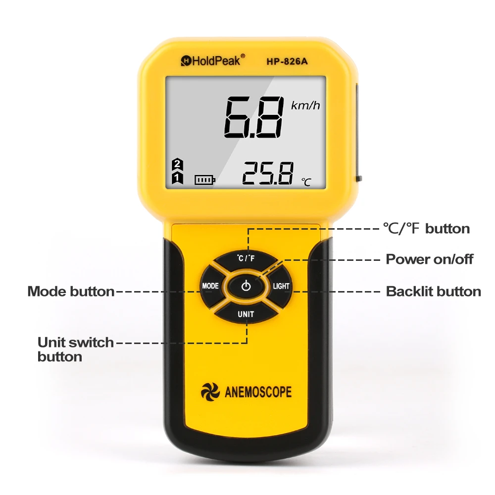 HoldPeak Anemometer Digital Wind Speed Temperature Air Volume Wind Chill Tester 0~30ms Anemometer Thermometer Wind Sensor Meter