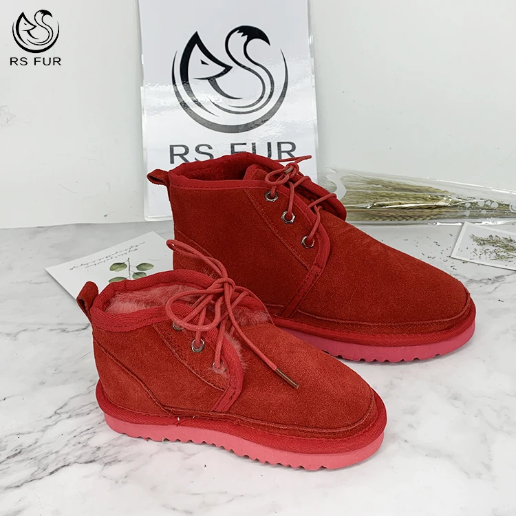 Hot sell luxy red color lace-up ankle sheepskin fur shoes parent-child snow boots