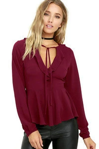 Hot Selling Long Sleeve Burgundy Peplum Blouse Designs Lace Up Women Blouse