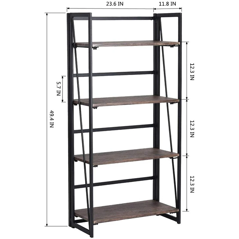 ISUTY  Home Office Industrial Bookcase No Assembly Storage Shelves Vintage 4 Tiers Flower Stand Rustic Metal Folding Bookshelf