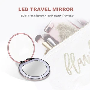 KOMAES Factor Price Travel Makeup Mirror 1x/3x Magnifying Double Side Portable Folding LED Travel Mirror