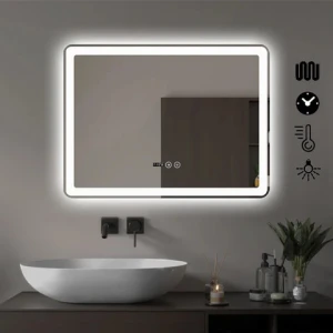 LED Mirror Defogger with Time Temperature Display Customizable Wall-mounted LED Smart Bathroom Mirror