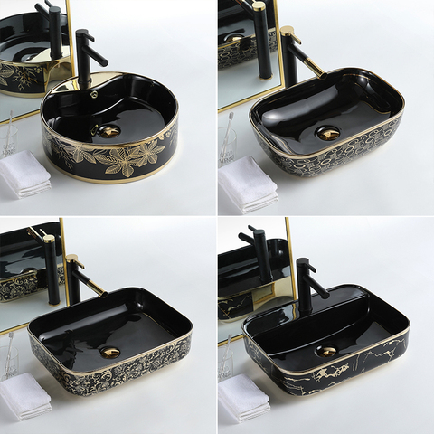 Buy Luxury Modern Vessel Lavabo Oval Art Basin Ceramic Gold Black ...