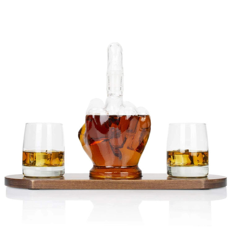 Middle Finger Wooden Base Crystal Whiskey Glass Decanter Gift Set