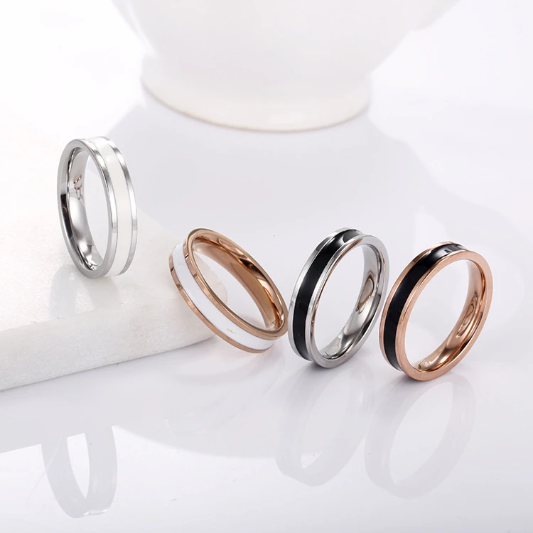 Minimalism Black White Epoxy Stainless Steel Rings For Couple