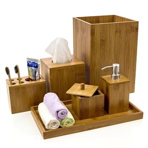 Modern Cheap Bamboo Bathroom Vanity Accessories Set of 6 Pieces Include Toothbrush Holder