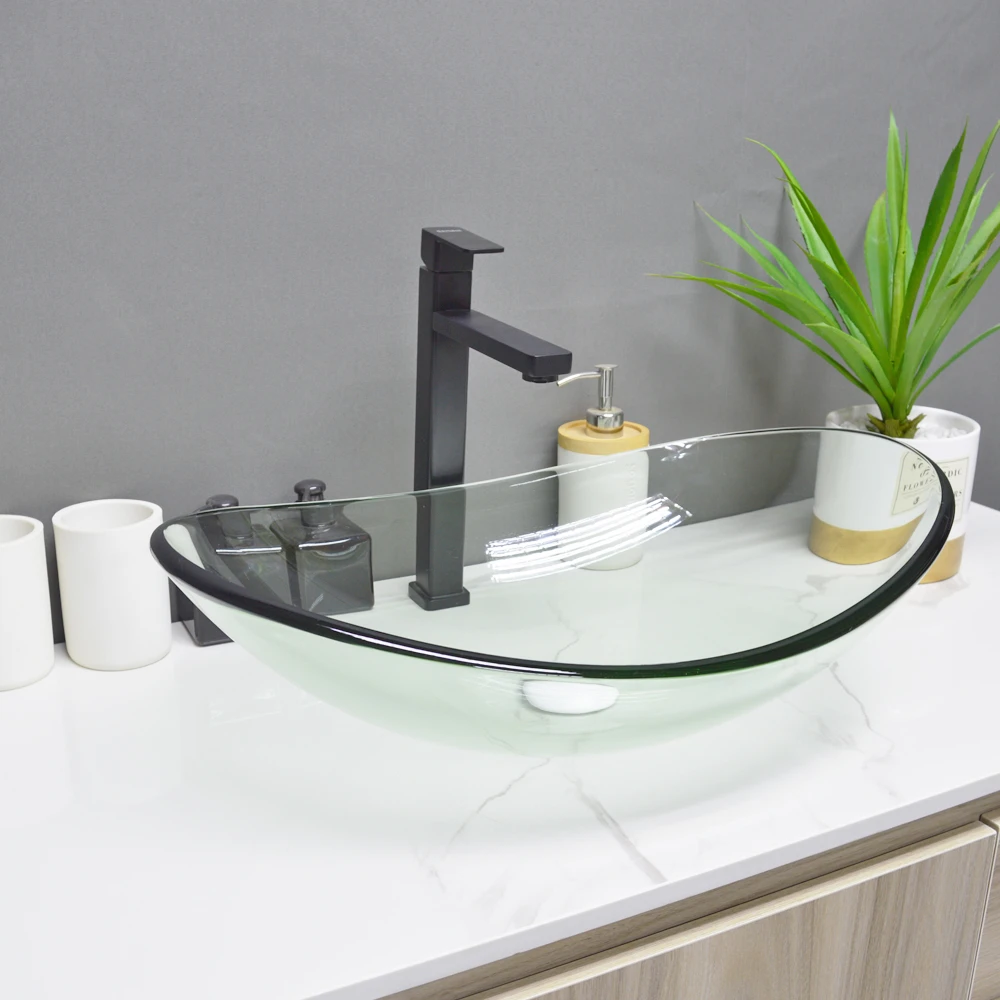 Modern elegant clear tempered glass wash basin round shape bathroom sinks counter top washbasin in hotel
